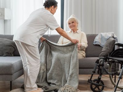 Pflegerin deckt ältere Dame mit einer Decke zu